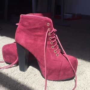 Maroon suede high heel booties